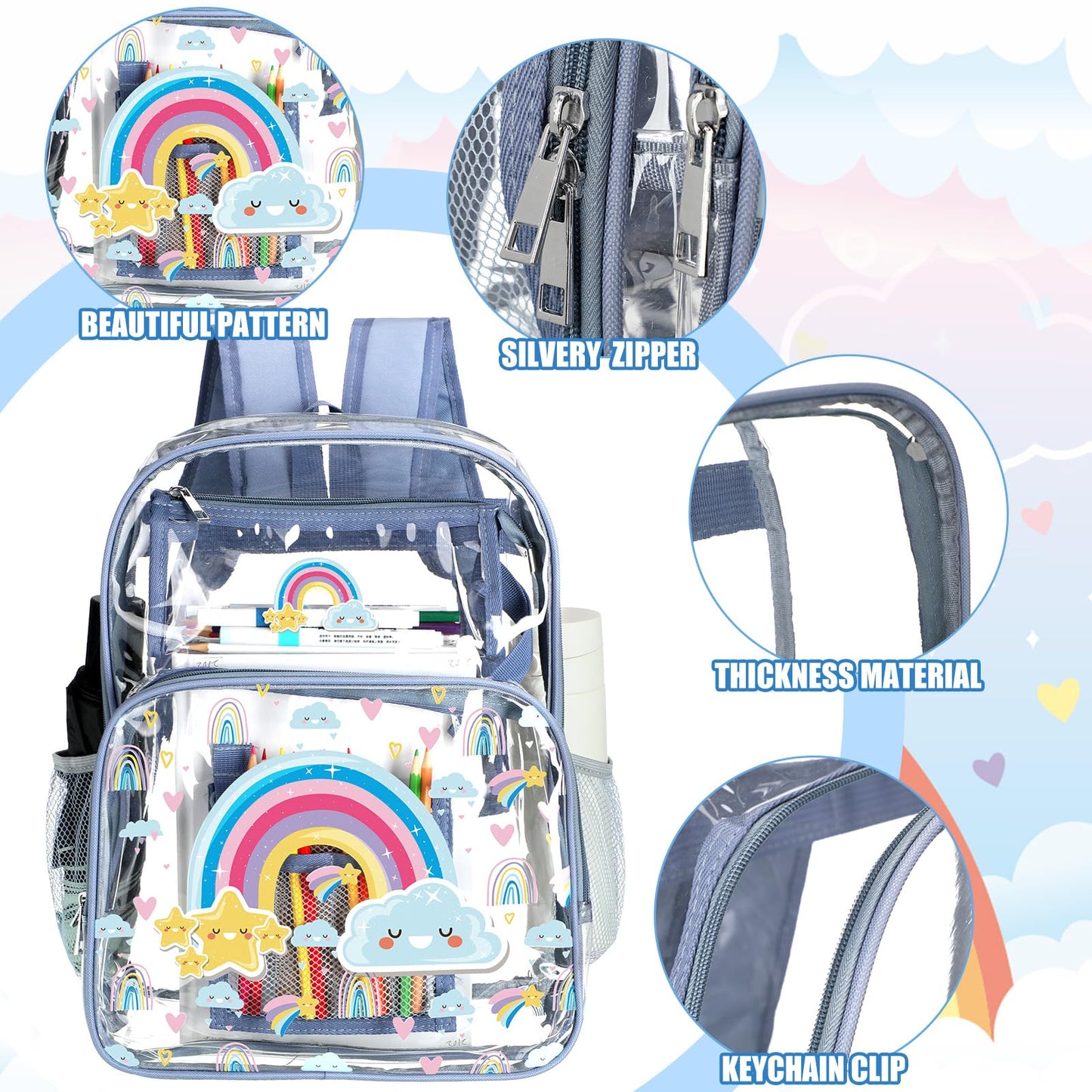 Kacctyen 3 Pcs Clear Backpack for Heavy Duty Clear Stadium Bag Transparent Backpack with Lunch Bag(Blue Purple,Rainbow)