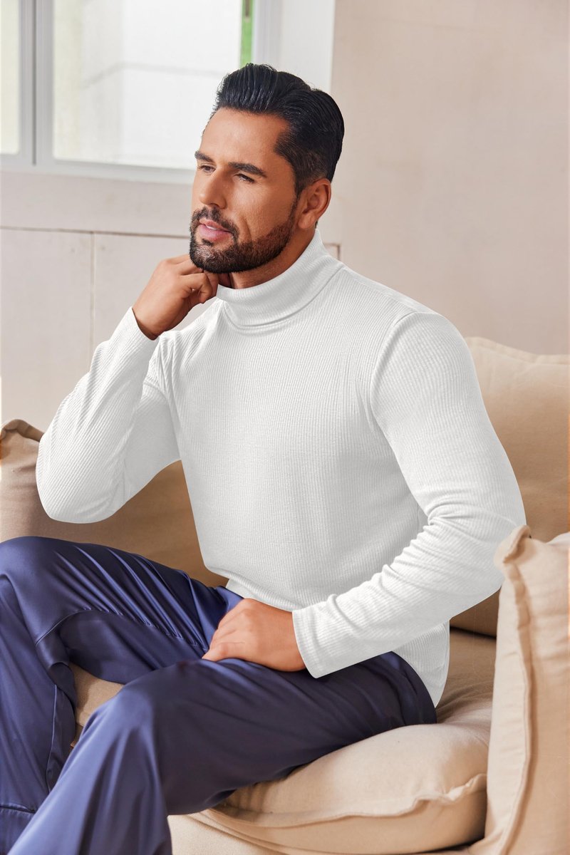 Ekouaer Mens Turtleneck Shirts Ribbed Lightweight Sweater Long Sleeve Casual Pullover Thermal Undershirts White M