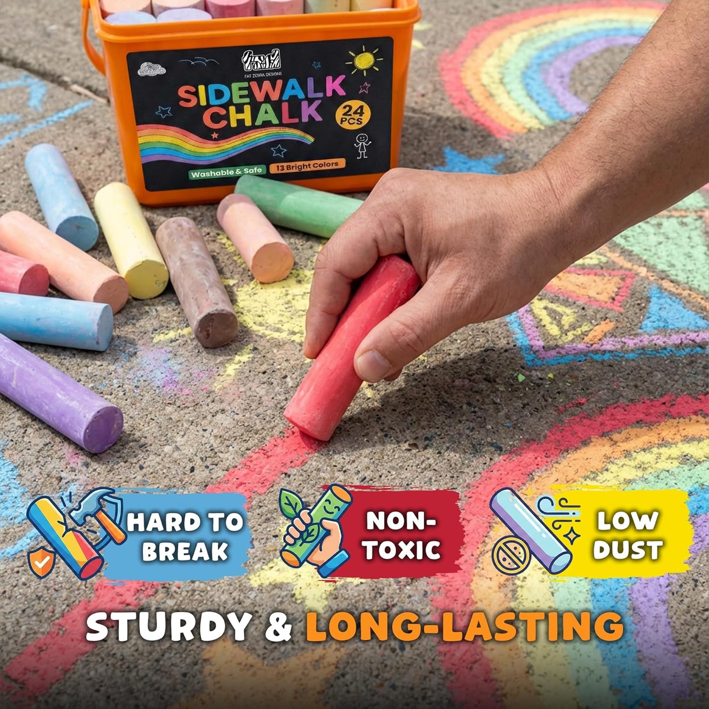 Skiennix 24 PCS Sidewalk Chalk Set - Non-Toxic Jumbo Chalks in 13 Vibrant Colors - Perfect for Kids & Toddlers Outdoor Fun