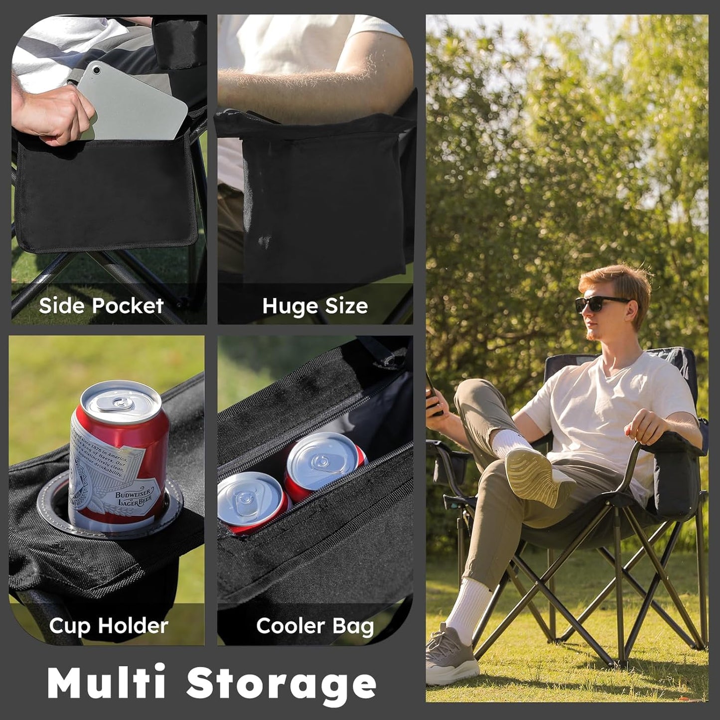 Skiennix Oversized Camping Chairs - Heavy Duty 450lbs Support | Portable Folding Camp Chairs - Black, 2 Pack
