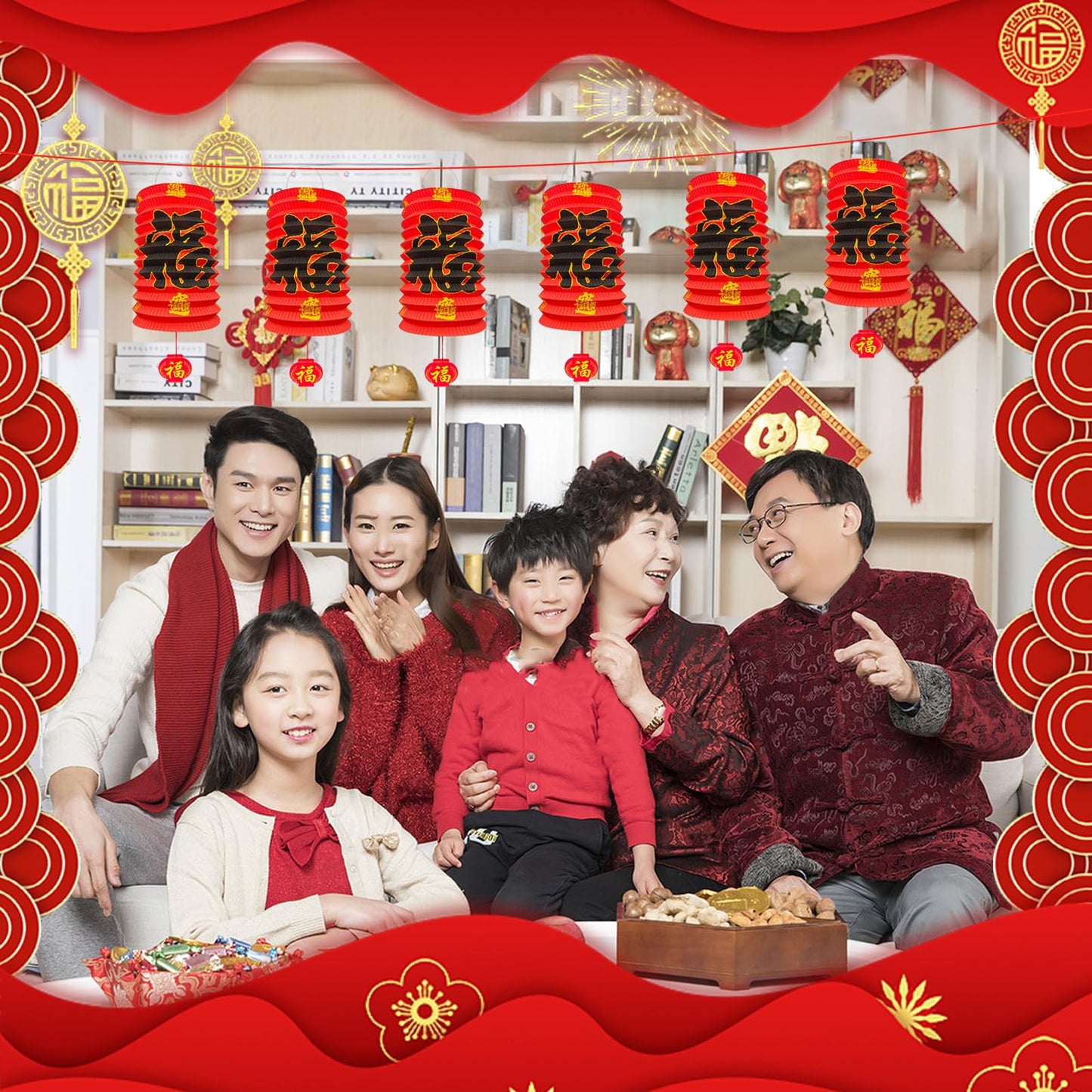 6Pcs Chinese New Year Decorations 2025, 6.3*9.8In Year of The Snake Red Fu Lanterns Lunar Spring Festival Ceiling Hanging Paper Lanterns Lamp Party Supplies Decor for Birthday Wedding Restaurant Store