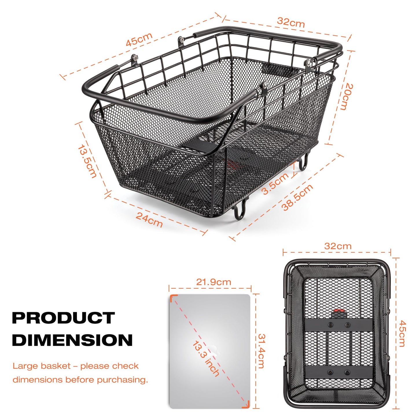 CXWXC Rear Bike Basket with Handle - Quick Release Bicycle Rear Basket with Cargo Net and Waterproof Cover, Wire Bike Baskets Rear Large Capacity (Wire Bike Basket)