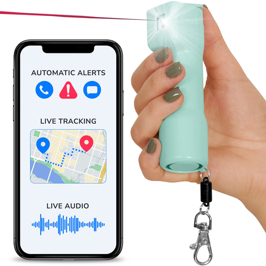 Plegium Smart Pepper Spray Self Defense Keychain w/GPS Location Alerts, Emergency Texts,130dB Alarm, Blinding LED Strobe Military-Grade Maximum Strength Spray for Women & Men Pairs w/Smartphone Siren