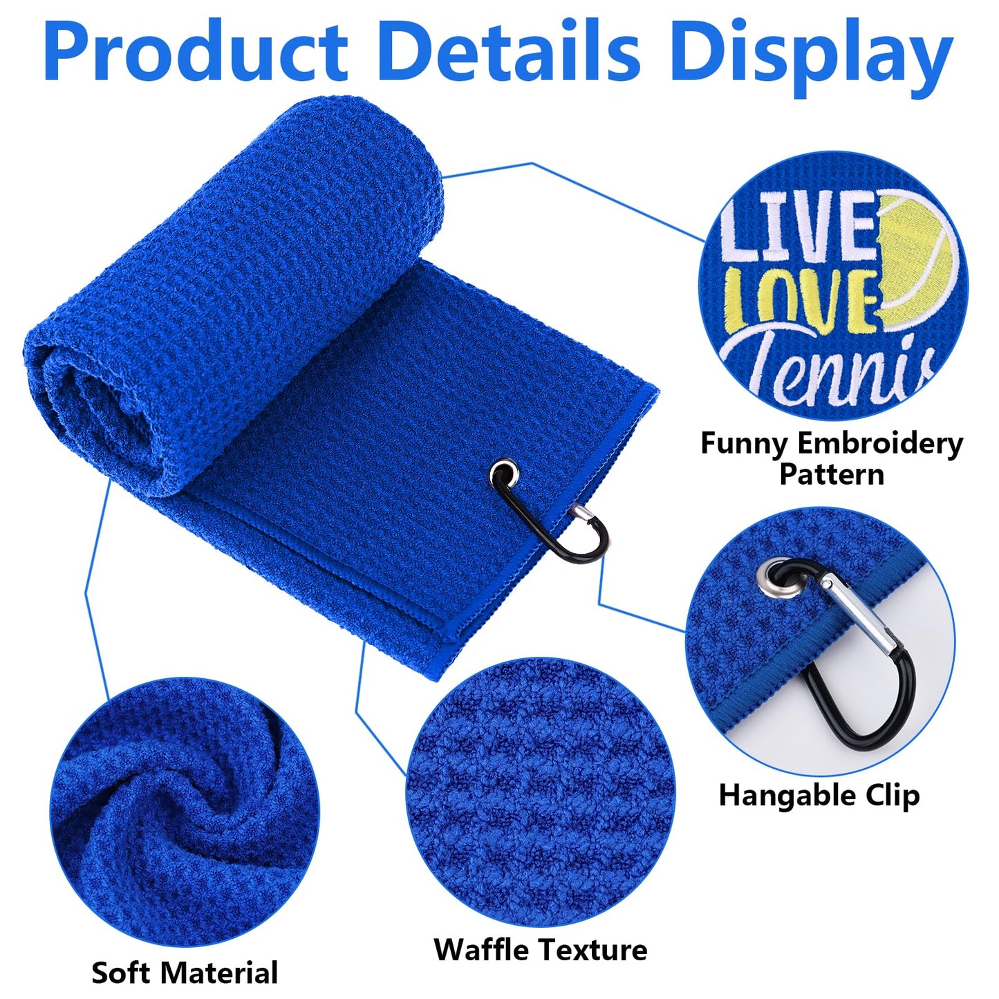 DAVAXI 6 Pcs Tennis Towel 16 x 24 Inch Funny Soft Embroidered Towels Hand Towel with Carabiner Clip Player Towels Tennis Gifts for Men Women Team Sports Court Accessories Gift