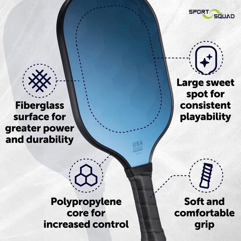 Sport Squad 2-Player Pickleball Paddle Set - 2 Fiberglass/Graphite Paddles & 2 Long-Lasting Outdoor Balls - Designed to Maximize Power Skill Levels - USAP Approved - Kids + Adults