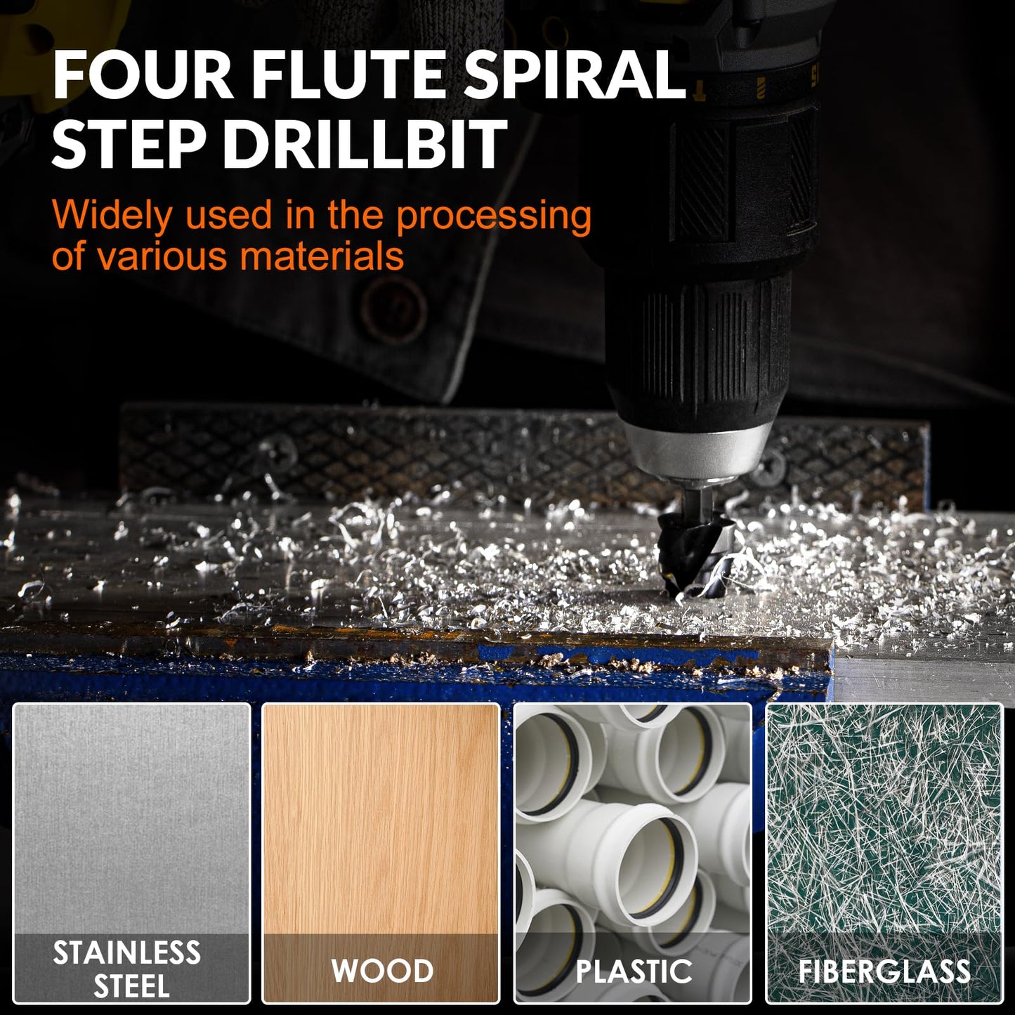 THINKWORK Four Spiral Flute Step Drill Bit, HSS Step Drill Bit3/16-1-3/8 (3 Popular Sizes) Unibit Step Drill Bit, 1/4" Shank Step Bits for Aluminum, Wood, Plastic, Metal