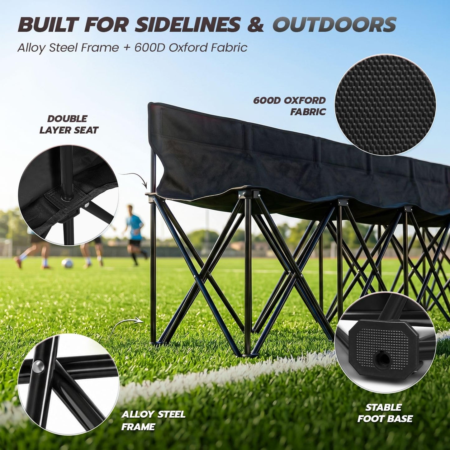 Flexzion Portable Folding Bench Seat, 6 Seater, Collapsible Soccer Bench, Portable Bench Seats for Bleachers, Camping, Sideline, with Back Rest and Carrying Bag, Black