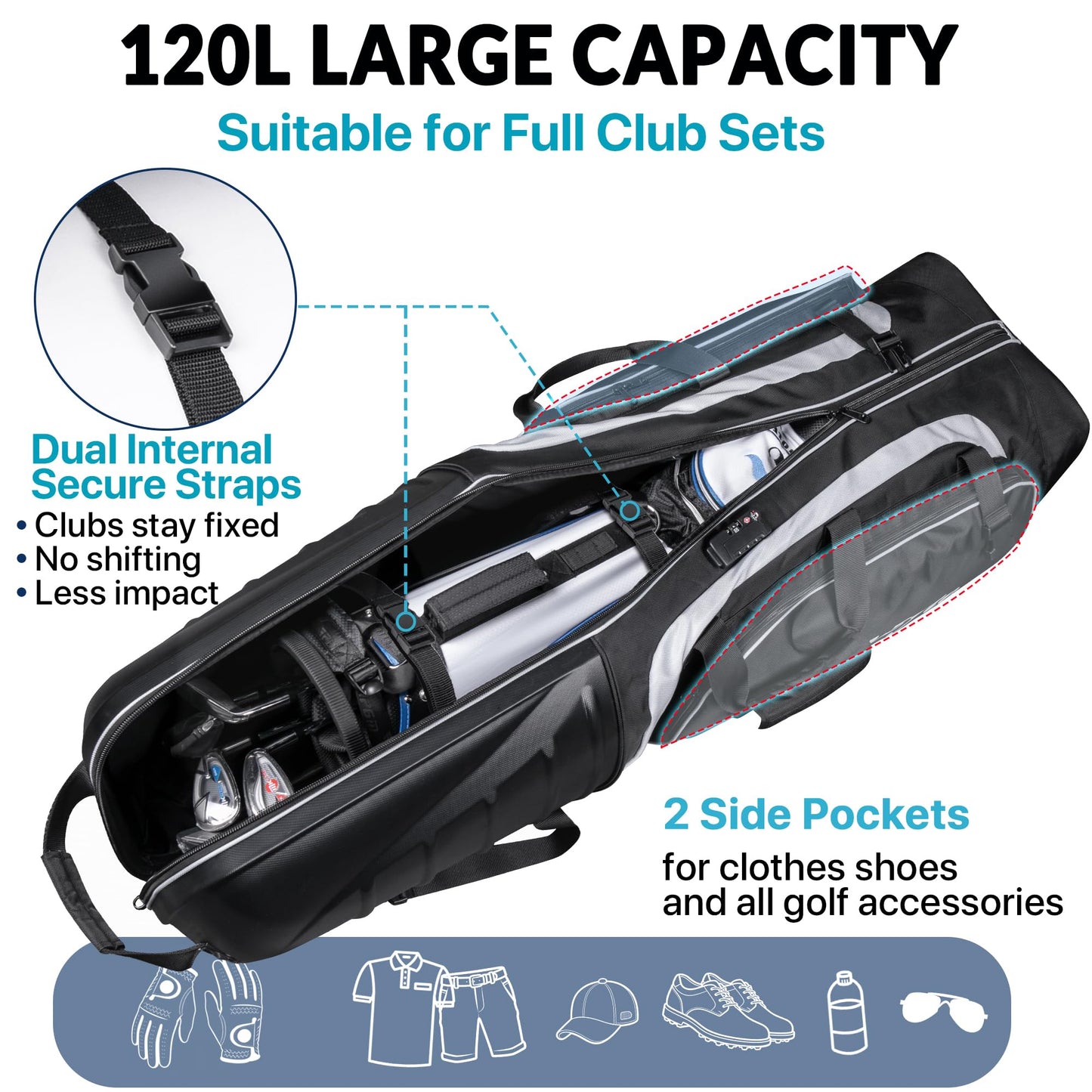 Golf Travel Bag for Airlines, Hard Shell Top Golf Travel Case with Wheels, Heavy Duty 1680D Oxford Fabric, Reinforced Base, Oversized Tank Wheels, Built-in TSA Lock, Water-Resistant Zippers, Black