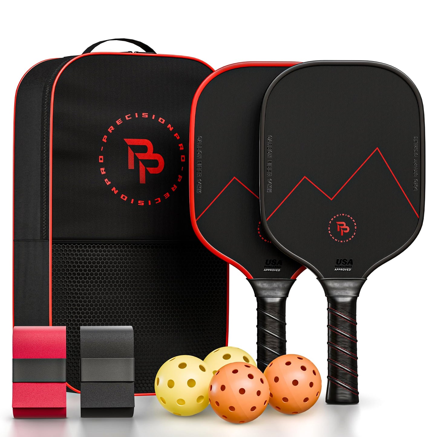 Precision Pro Carbon Fiber Pickleball Paddles Set of 2 — USAPA Approved, T700 Carbon, 14mm Honeycomb Core, 4 Indoor Outdoor Balls, Carry Bag, Pickleball Set for Beginners and Intermediate Players