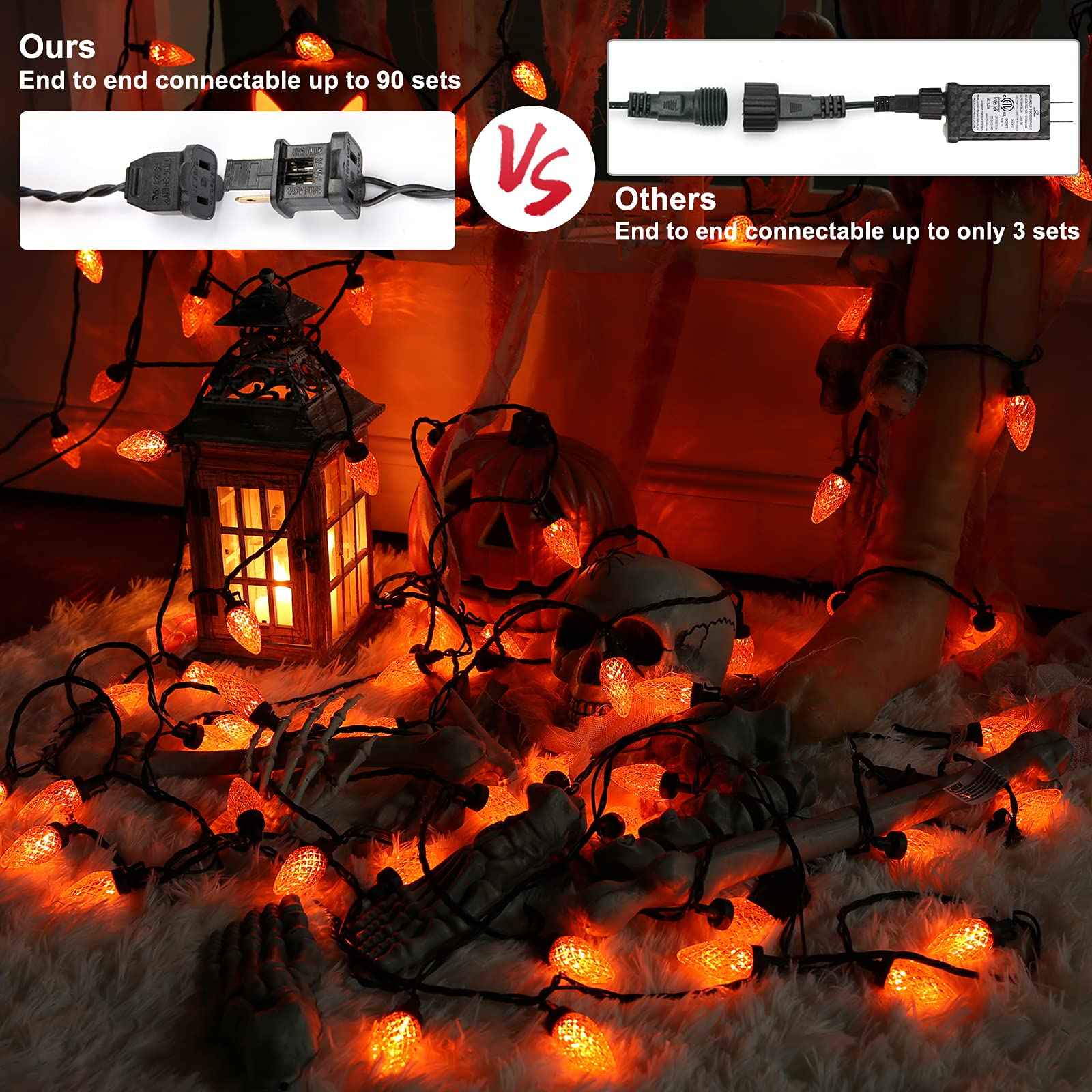 ODEETRONIC Orange Lights, 33ft 50 LED C9 Orange Christmas Lights Connectable, 120V UL Certified Plugin Indoor/Outdoor Halloween String Light, Black Wire Tree Light Waterproof for Patio Home Decor