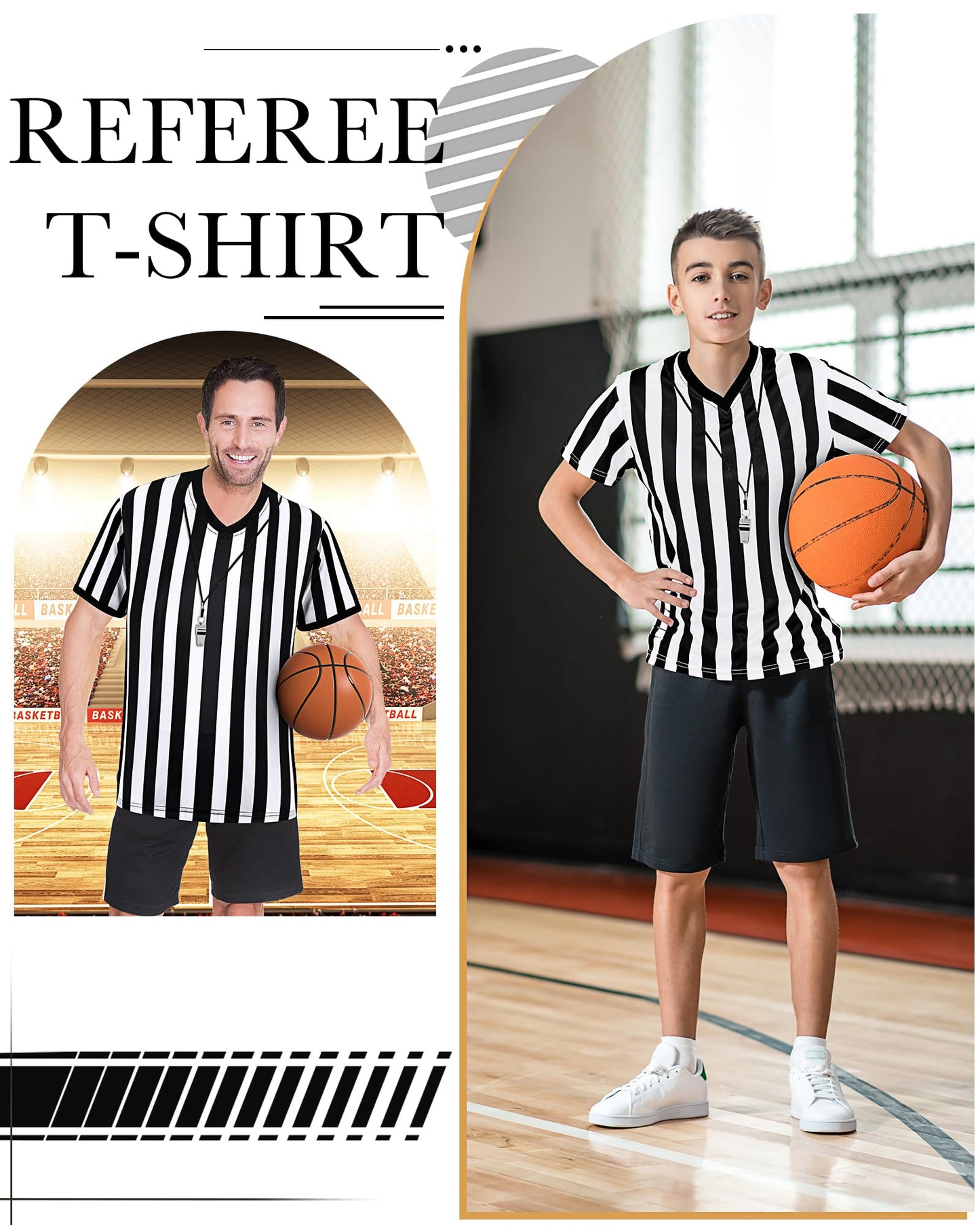 Sintege 4 Sets White and Black Soccer Referee Stripe Shirt with Whistle Official Referee Costume Shirt Football Umpire Jersey Halloween Costume for Adult(Adults X-Large)
