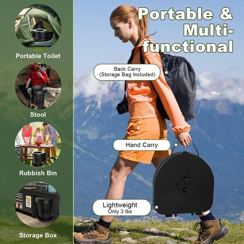 Collapsible Portable Toilet with Odor-Lock Lid - 1-Minute Setup Adjustable Height (2.95in-13.58in) 400lbs Capacity, Backpack-Friendly 3-in-1 Camp Potty for Camping, Hiking, Car, RV & Emergency Use