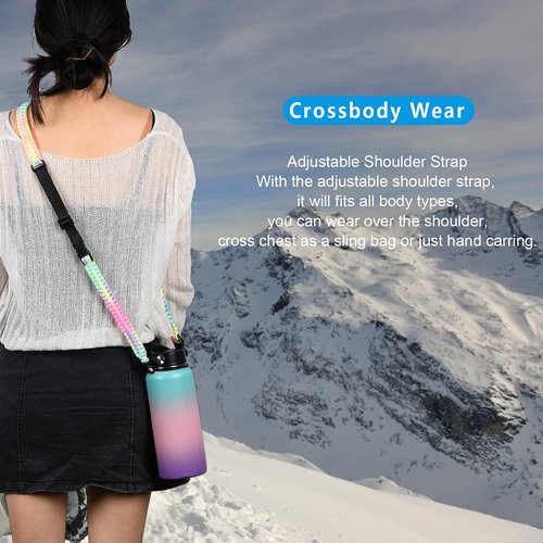 iLVANYA Paracord Handle with Adjustable Shoulder Strap -Compatible with Hydro Flask Wide Mouth Water Bottles -Sports Water Bottle Accessories for Men Women Hiking Travelling Camping (Bright Rainbow)