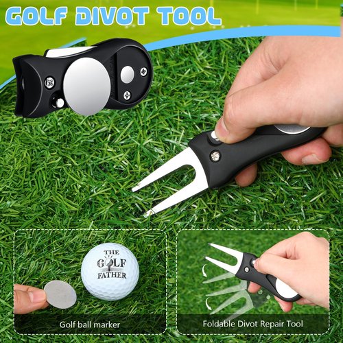 Realspring 9 Pcs Golf Accessories Kit Golf Club Cleaning Kit Include Microfiber Towel, Cleaner Brush, Ball and Tee Holder, Divot Repair Tool, Ball Bag with Hook for Men Women Gifts(Black,Classic)
