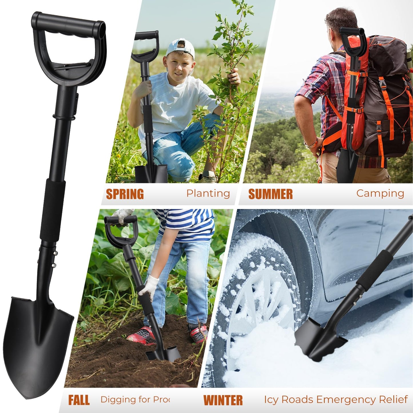 31" Compact Garden Shovel with D-Grip Handle - Rust-Proof Lightweight Metal Tool for Raised Beds, Tight Spaces & Emergency Use (Kids/Adults Friendly), Black