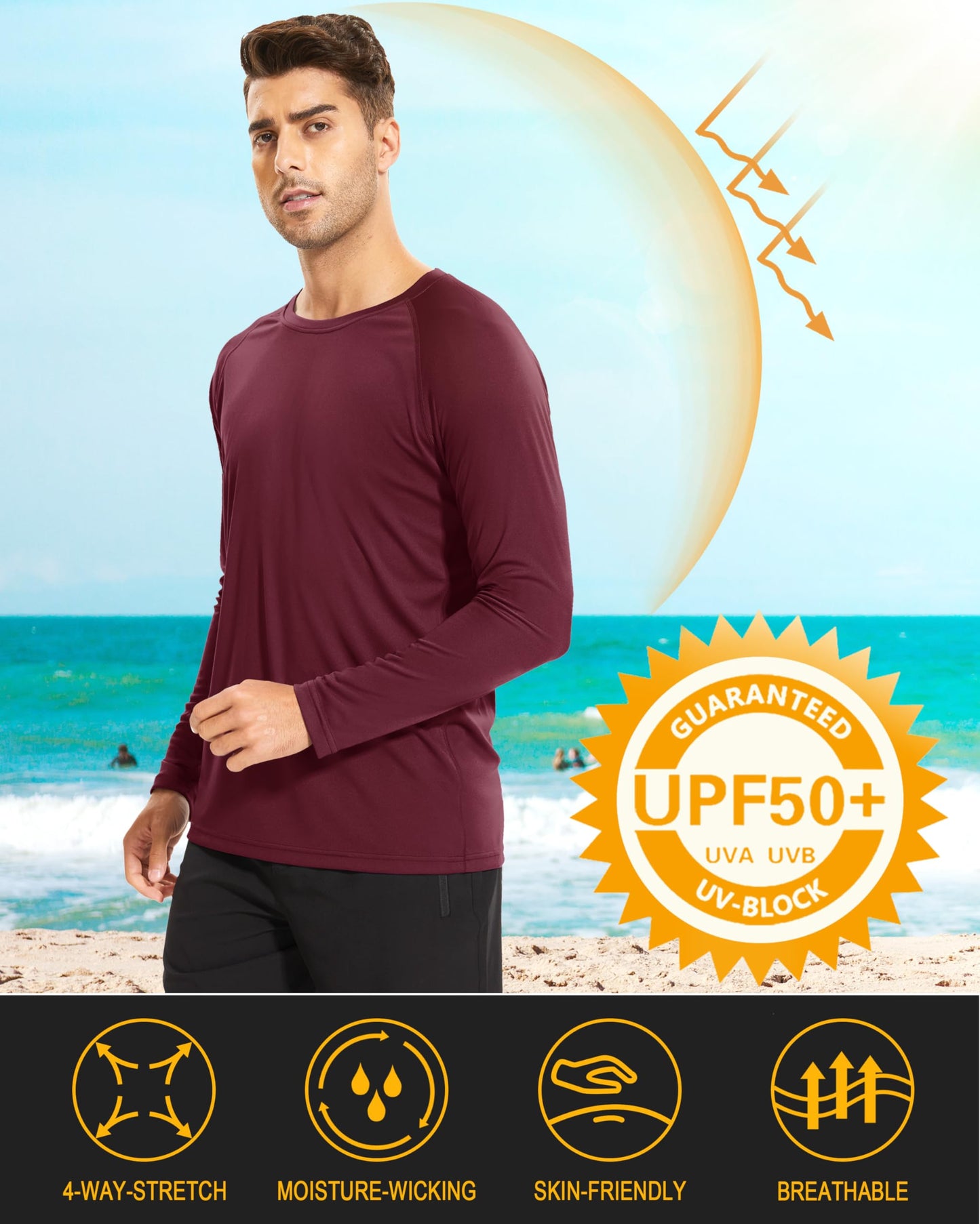 Fishing Shirts for Men Long Sleeve Men Hiking Shirt Quick Dry Rash Guard Thermal Shirts UV Protection Clothing Sun Protection Summer Shirts for Men Wine