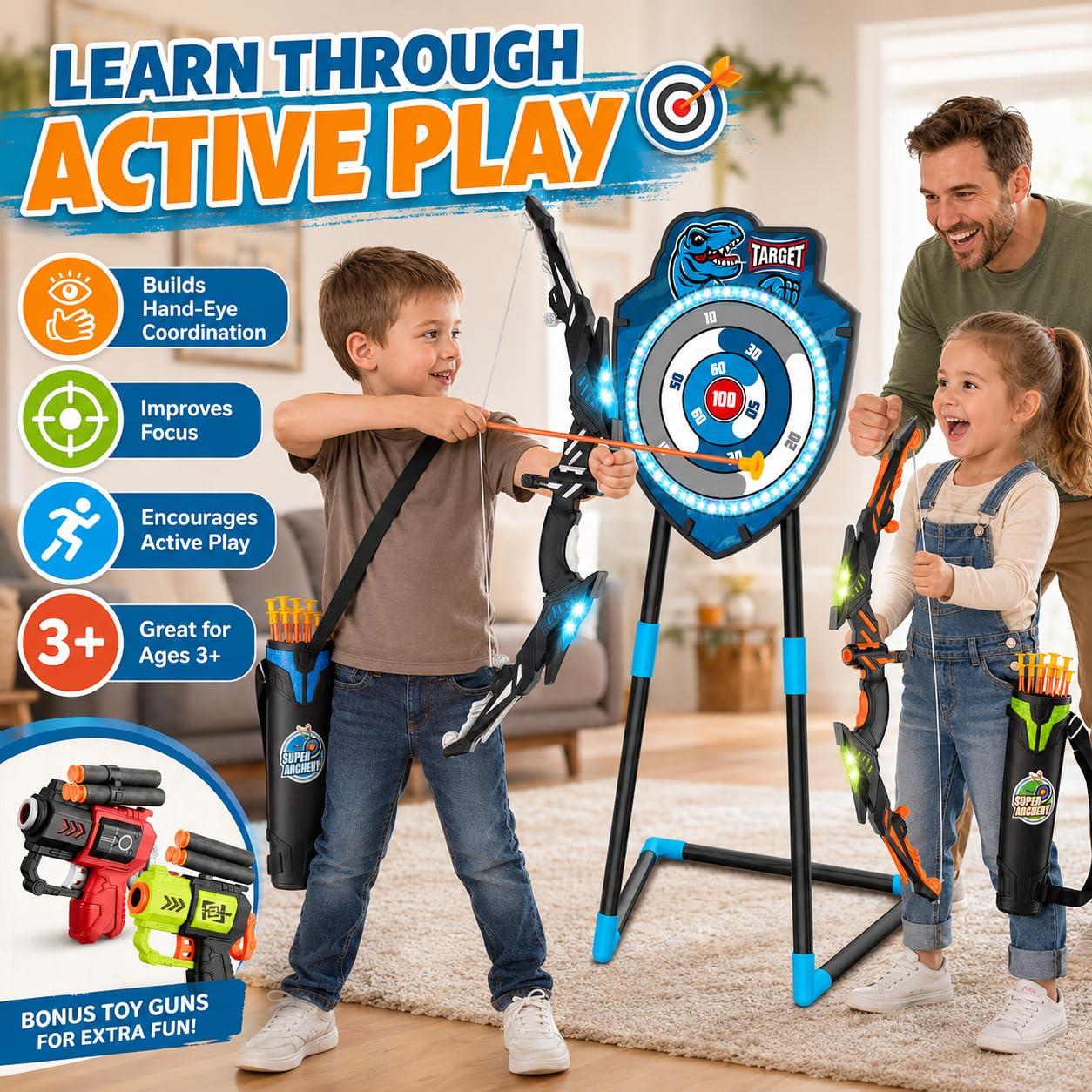 VROGTIK 2 Pack Kids LED Bow and Arrow Set with Standing Target, 20 Suction Cup Arrows, 2 Quivers & Foam Dart Toys, Indoor Outdoor Archery Toy Gift for Boys Girls Ages 3-12
