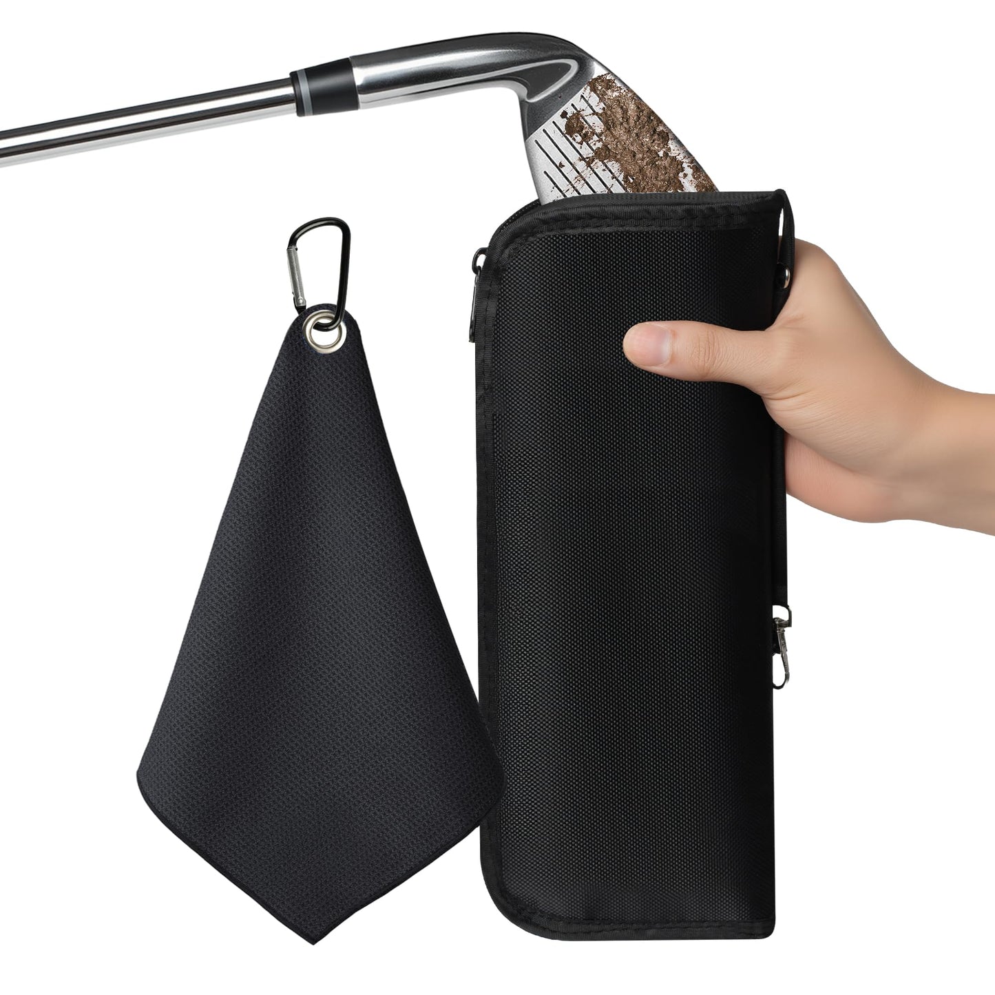 Golf Club and Golf Boll Cleaner Bag, Golf Ball Cleaner Pouch with 1 Pack Golf Ball Towel, Waterproof Outside, Clean Inside – Liner Technology, Machine Washable，Black