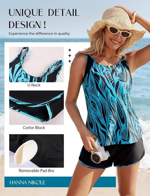 Hanna Nikole Women's Tankini Swimsuit - Tummy Control Two-Piece with Athletic Pockets & Swim Shorts