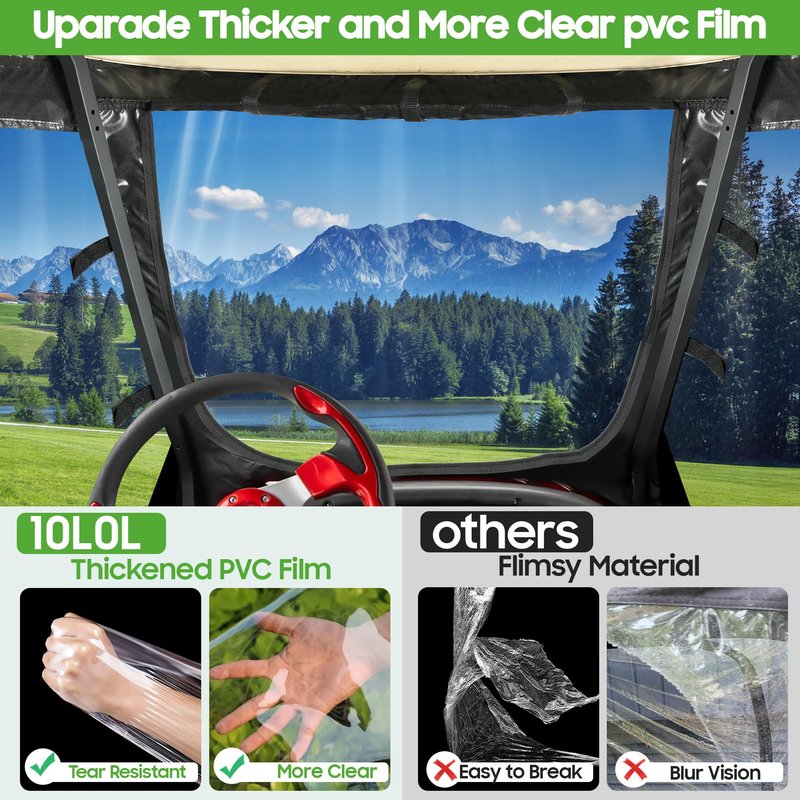 10L0L Golf Cart 4 Passenger Enclosure for Club Car Precedent Short Roof 57.5" Deluxe 600D Golf Cart Heavy Duty Rain Cover with 4 Zipped Doors Clear PVC Windows (Black)