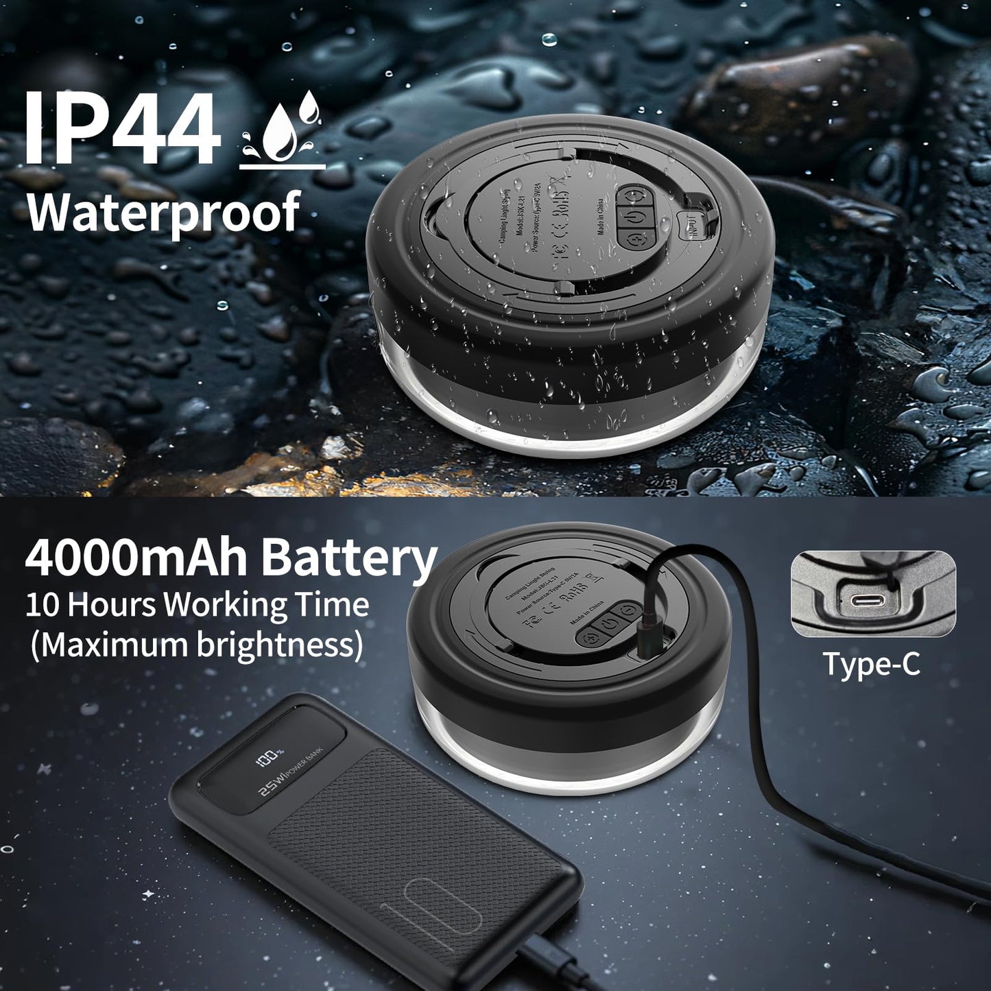 Camping String Lights 32.8FT, 2 in 1 Outdoor Camping Lantern with 14 Lighting Modes, 30s Recovery, IP44 Waterproof, 4000mAh Battery, Portable Camping Lights for Camping, Yard, Festival Decor