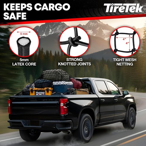 **Cargo Net for Pickup Truck Bed - Heavy Duty Organizer with 12 Carabiners | Stretches 4'x6' to 8'x12'**
