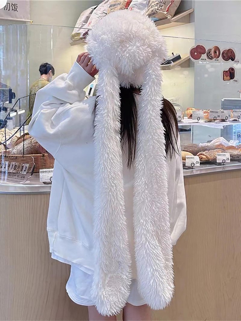 yolrdiw Y2k Grunge Punk Bunny Ears Hat Winter Warm Fuzzy Cap Scarf Emo Accessories for Unisex Pink
