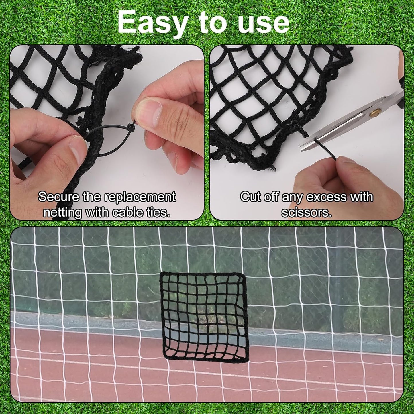 Penitue Universal Sports Net Repair Kit - 6 Pack with Nylon Zip Ties & Polyester Patches (Black, 20x20cm)