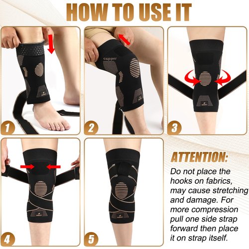NEENCA Copper Knee Brace with Straps for Women/Men, Knee Compression Sleeve for Knee Pain, Arthritis, ACL, Meniscus Tear, Joint Pain Relief. Knee Support for Running, Workout, Weightlifting - Single