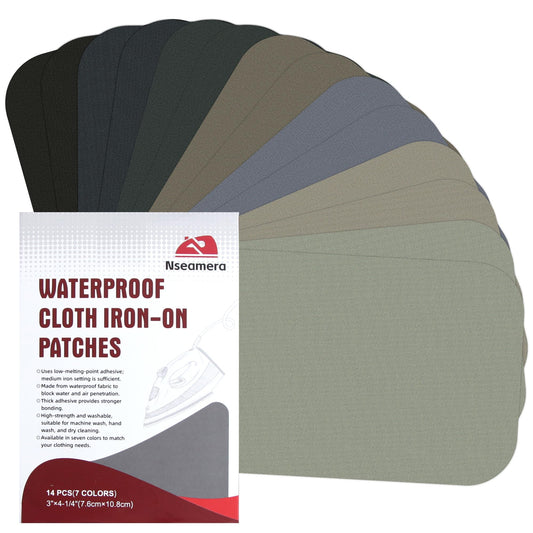 Nseamera Iron-On Waterproof Fabric Repair Patches for Jackets, Puffer Coats, Outdoor Gear – 14 Pcs, 7 Colors, 3"×4-1/4", Low-Temp Adhesive, Durable Washable Nylon Patches for Tents and Clothing Repair