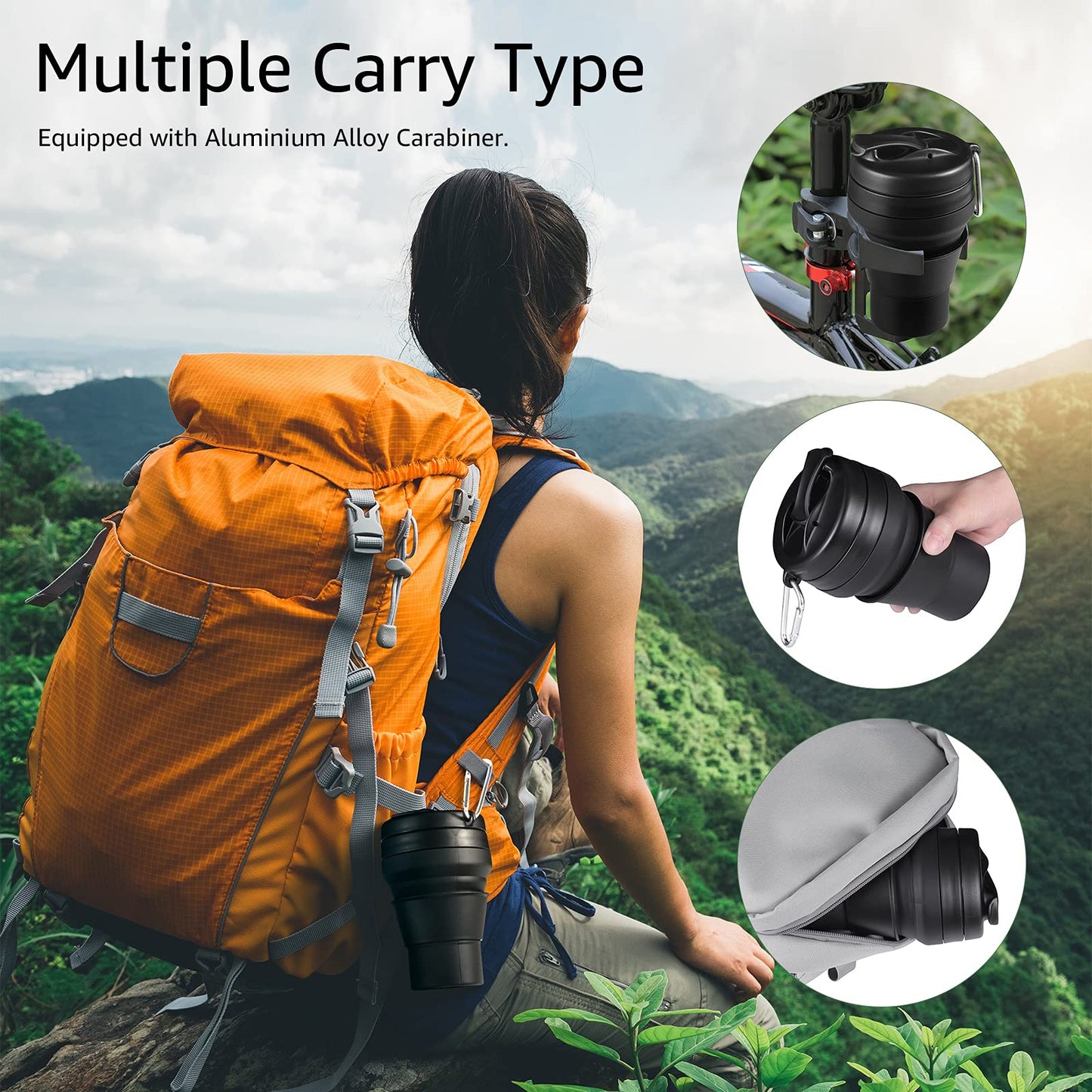 EASYXQ Collapsible Coffee Cup, 16 OZ 480ml Large Silicone Folding Camping Mug, Leak Proof BPA Free Portable, Travel Bottle with Lids for hiking, Microwave & Dishwasher Safe (Black)