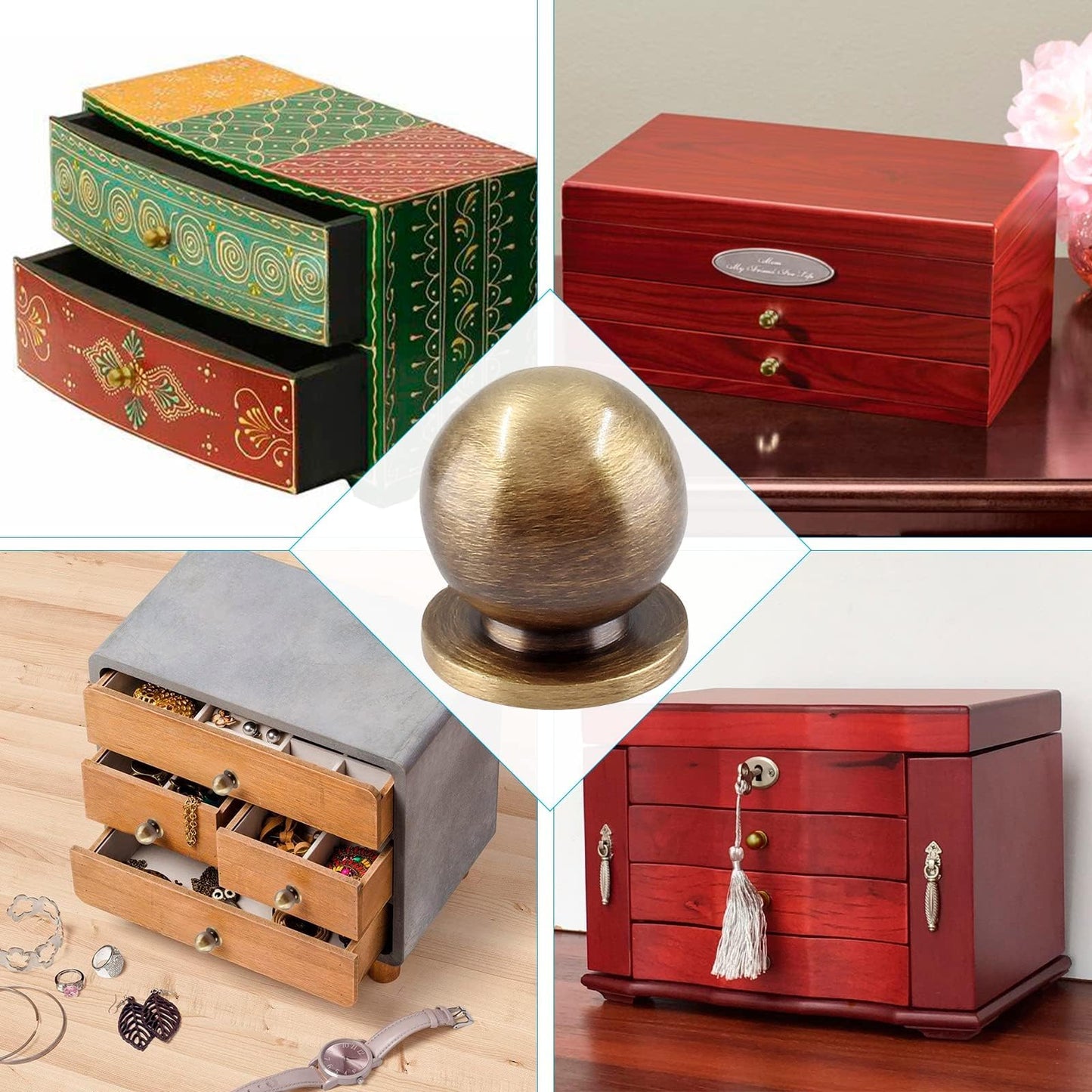 Jiozermi 4 Packs 1/2 Inch(12mm) Diameter Mini Round Solid Brass Knobs, Brass Pulls, Gold Mini Drawer Pulls, Mini Knobs for Jewelry Box, Bronze