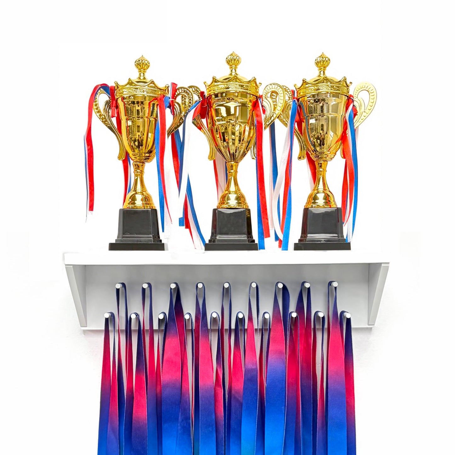Medal Hanger Display and Trophy Shelf with Hooks - Wooden Medal Holder for Wall Mount Ribbon Display, Trophy Display Shelf for Gymnastics, Soccer, Running Race Medals Awards Rack (WHITE, 16")