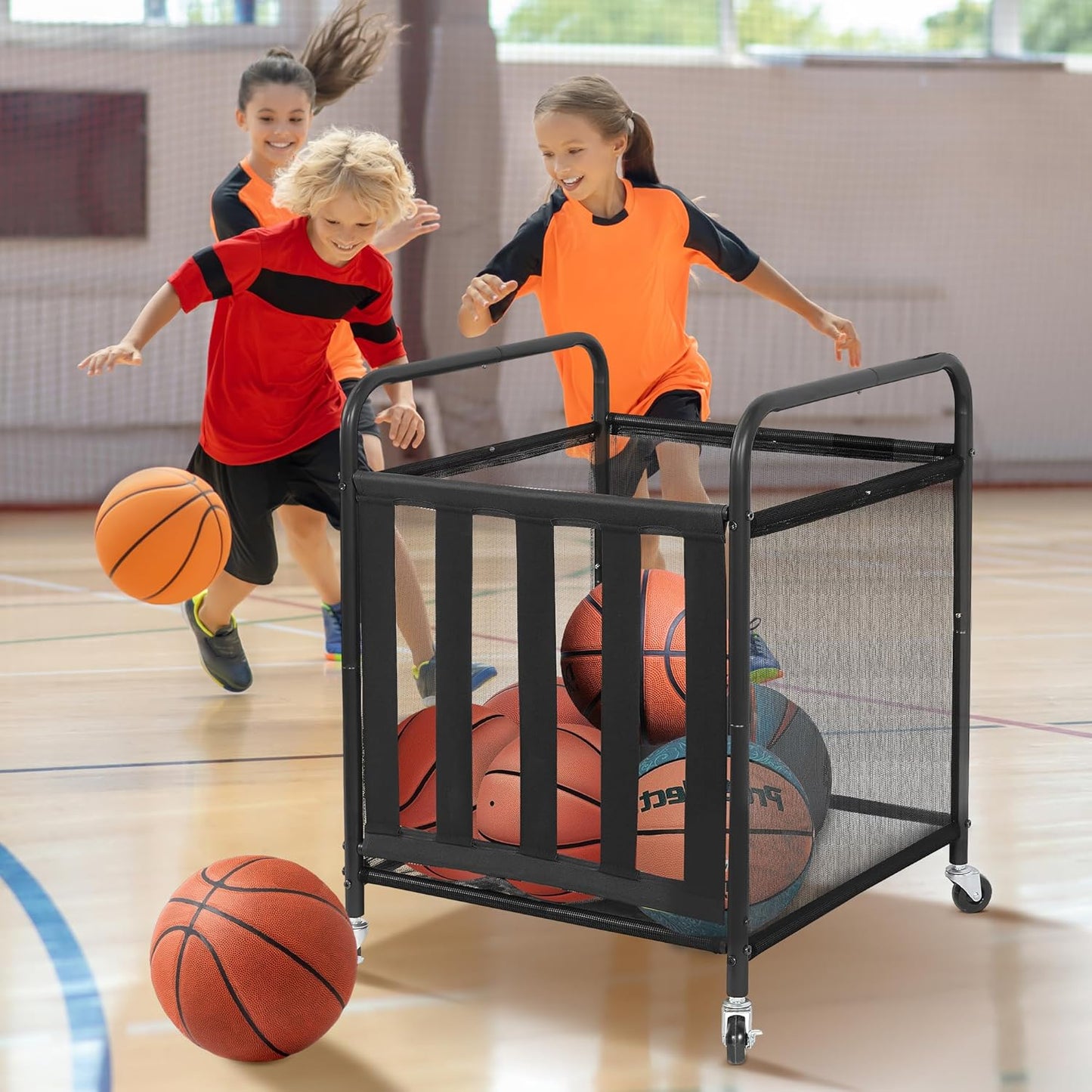 STO STO Rolling Sports Ball Storage Cart - Lockable Basketball Cage with Elastic Straps | Black Steel Organizer for Indoor & Outdoor Use