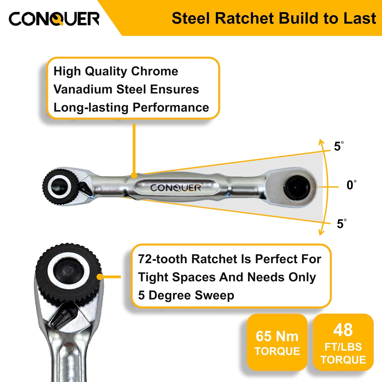 CONQUER Mini Combo Dual Ratchet Wrench with 1/4" Square Drive and Bit Drive High Torque 72-Tooth Gear Head and Spin Disk