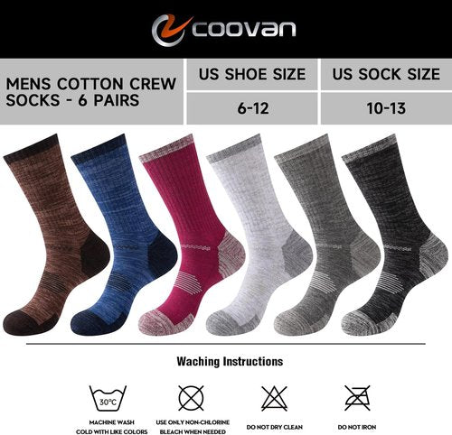 COOVAN Men's Cotton Crew Work Socks - 6 Pairs Moisture-Wicking Cushioned Boot Socks for Hiking & Running