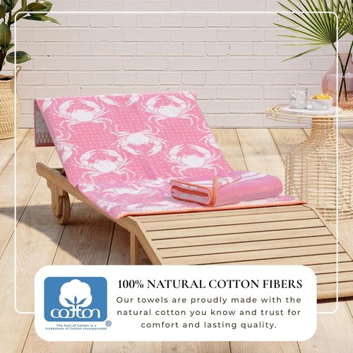 Great Bay Home 100% Cotton Beach Towels - Absorbent Quick-Dry Pool Towels | 2 Pack 30 x 60" (Pink/White Crabs & Stripes)