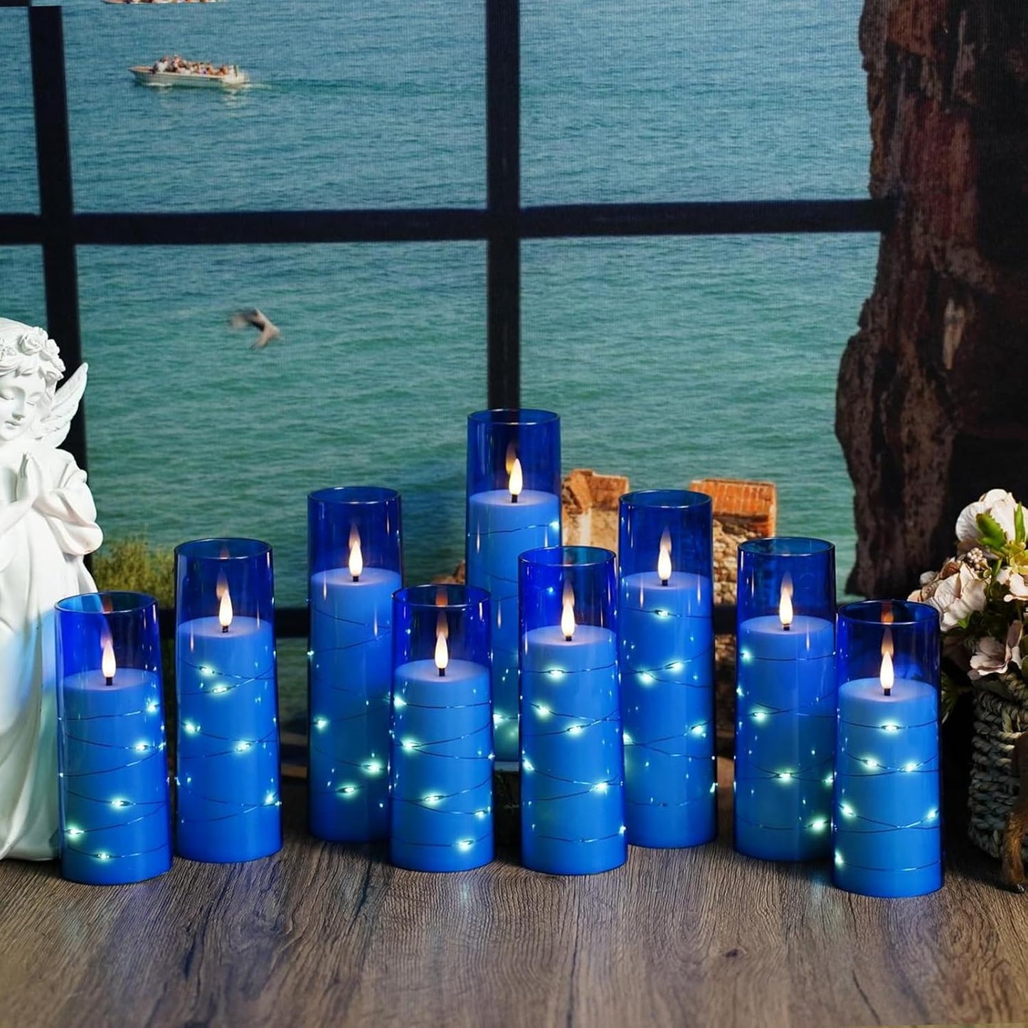 Flameless LED Pillar Candles Set - 9 Pcs White with Remote & Star String for Home Decor