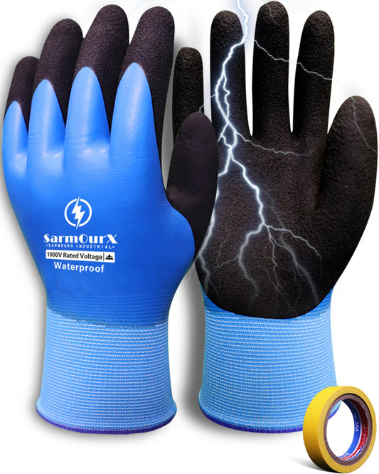 Electrician Insulated Gloves 1000V High Voltage, Waterproof for Palm Rubber Non-Slip Electrical Gloves (Blue, 1Pair-1000V)