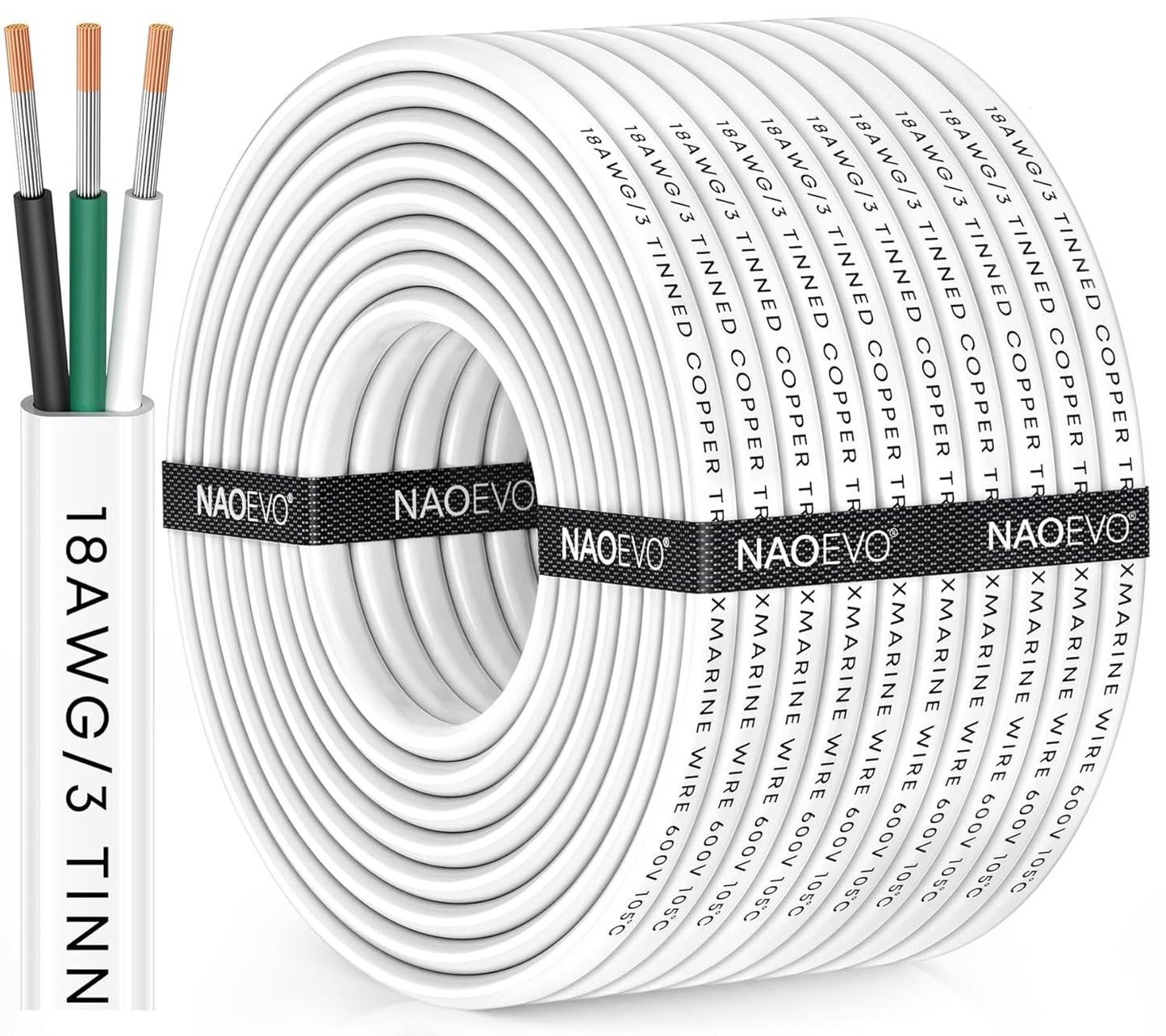 NAOEVO 18 Gauge Marine Wire - Waterproof 18/3 Triplex Electrical Cable | 100FT Insulated PVC for Boats & RVs