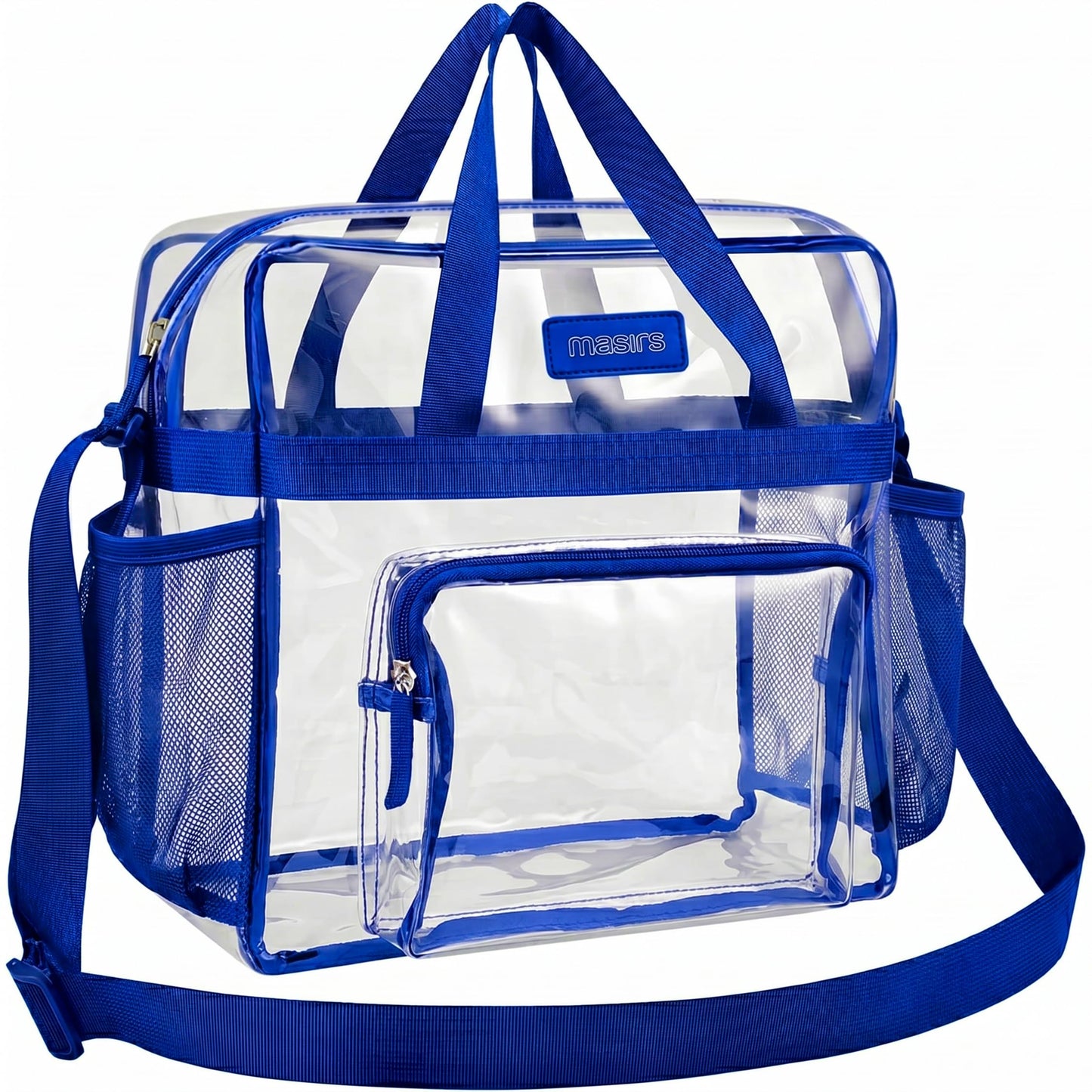 Masirs Clear Tote Bag Stadium Approved 12 x 12 x 6 - Zippered Top, Mesh Pockets & Shoulder Straps, Clear Bag for Work, Sports, Concerts - Meets Stadium Guidelines (Blue)