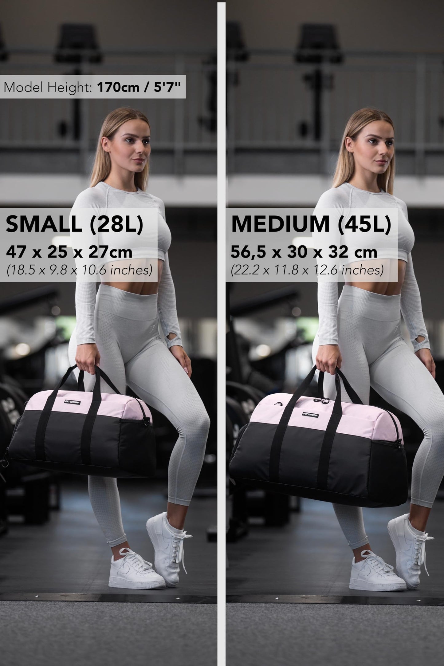 Fitgriff® Gym Bag V2 for Men and Women with Shoe & Wet Compartment - Duffle Bag for Travel, Sports, Fitness and Workout (Black/Pink, 19 x 10 x 11″ (Small))