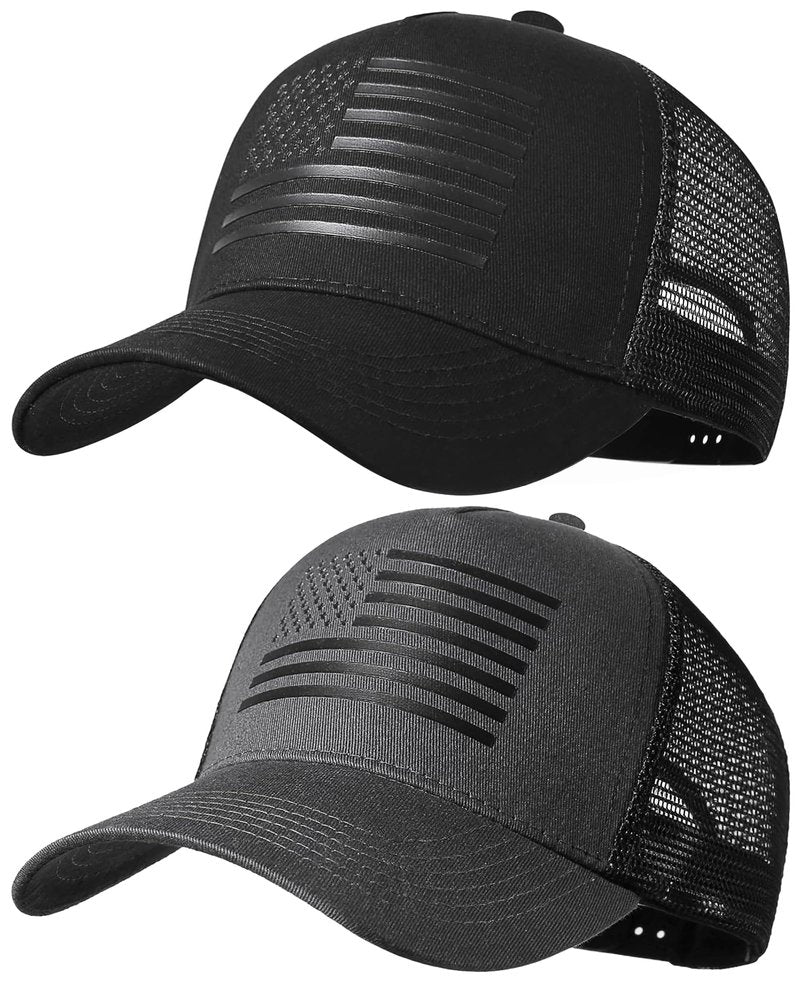 spxkd American Flag Trucker Hat,USA Hat for Men Women Snapback Baseball Cap Adjustable Breathable Mesh Side Durable Hats Outdoor (US, Alpha, Medium, 2 Pcs Black and Dark Grey)