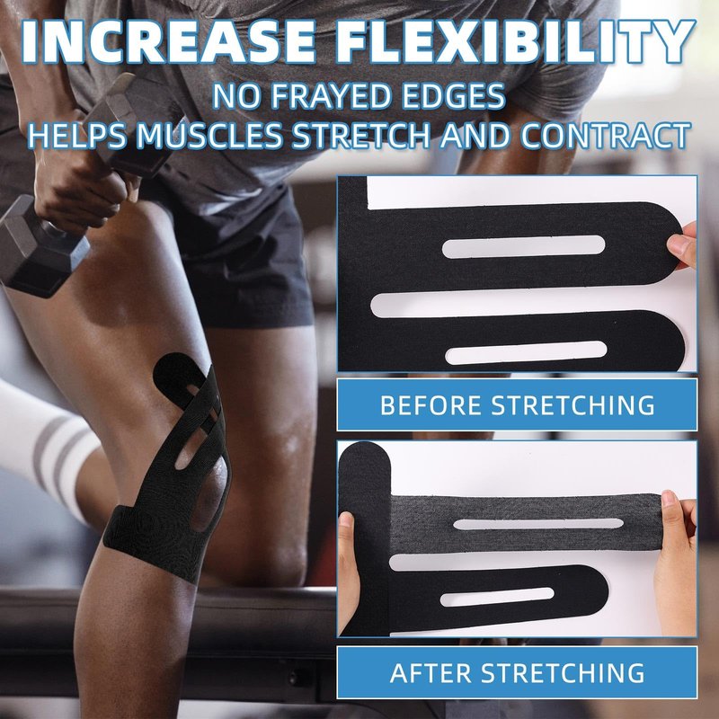 12pcs Precut Kinesiology Tape for Knees, Breathable Elastic Kinesiology Athletic Muscle Tape Strips Flexible, Waterproof Sport Knee Patch Stickers for Knee Support & Stability (Black)