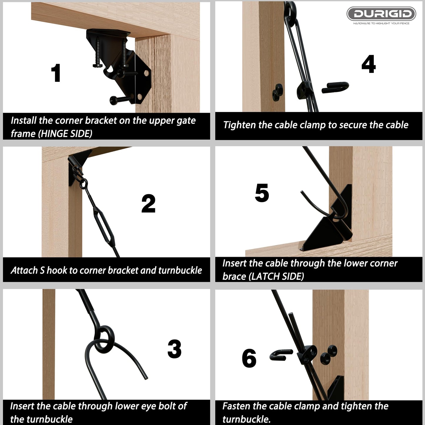 DURIGID Anti Sag Gate Kit Corner Bracket Gate Hardware Prevents Gate Prevents Gate Sagging, Gate Anti Sag Kit for Wooden Fence Features Steel Cable and Adjustable Turnbuckle to Support, Black, 1 Pack