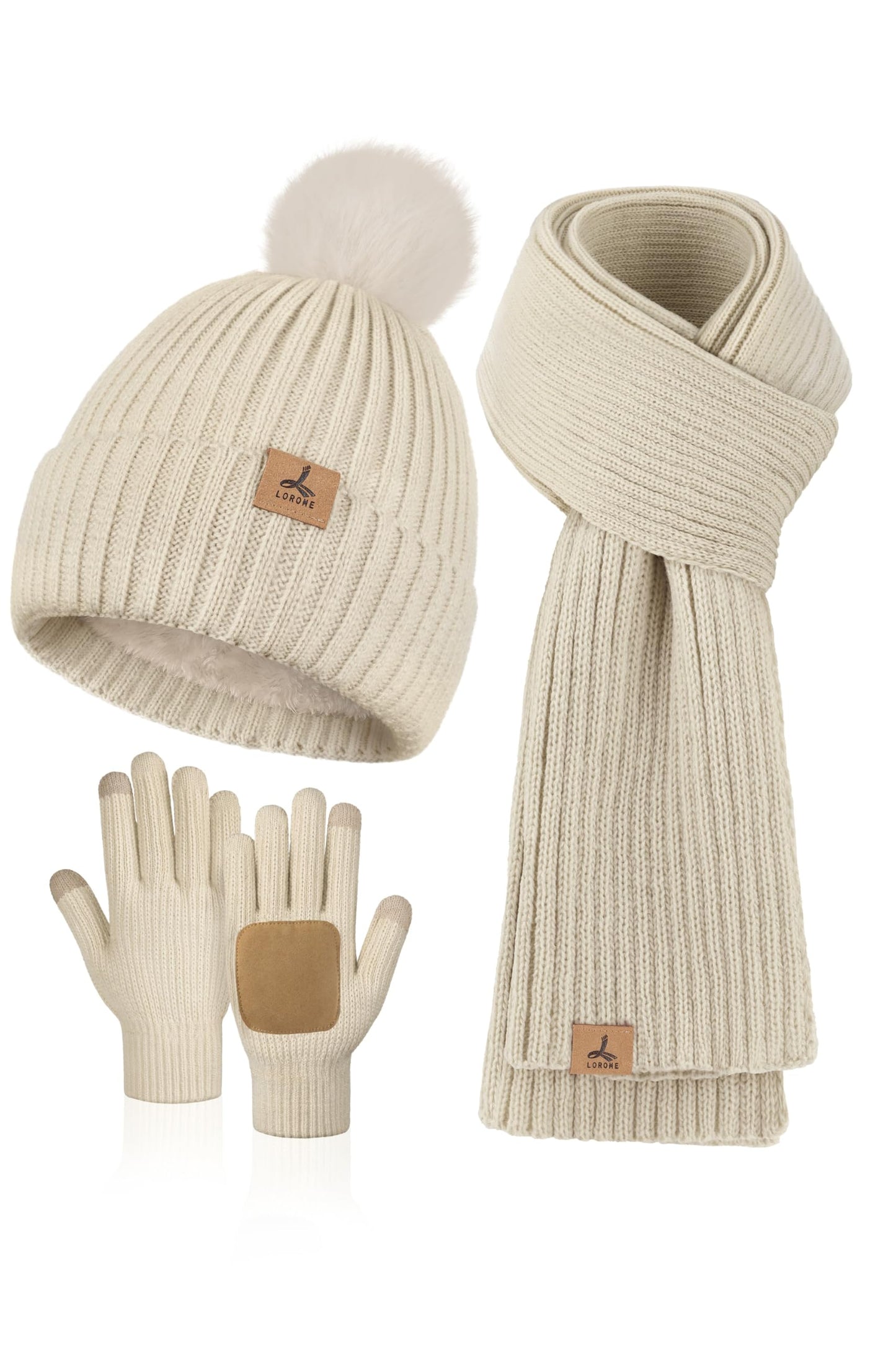 3 in 1 Winter Set, Womens Padded Beanie with Pom Poms Knitted Longe Scarf Leather and Fleece Lined Touchscreen Gloves Oatmeal