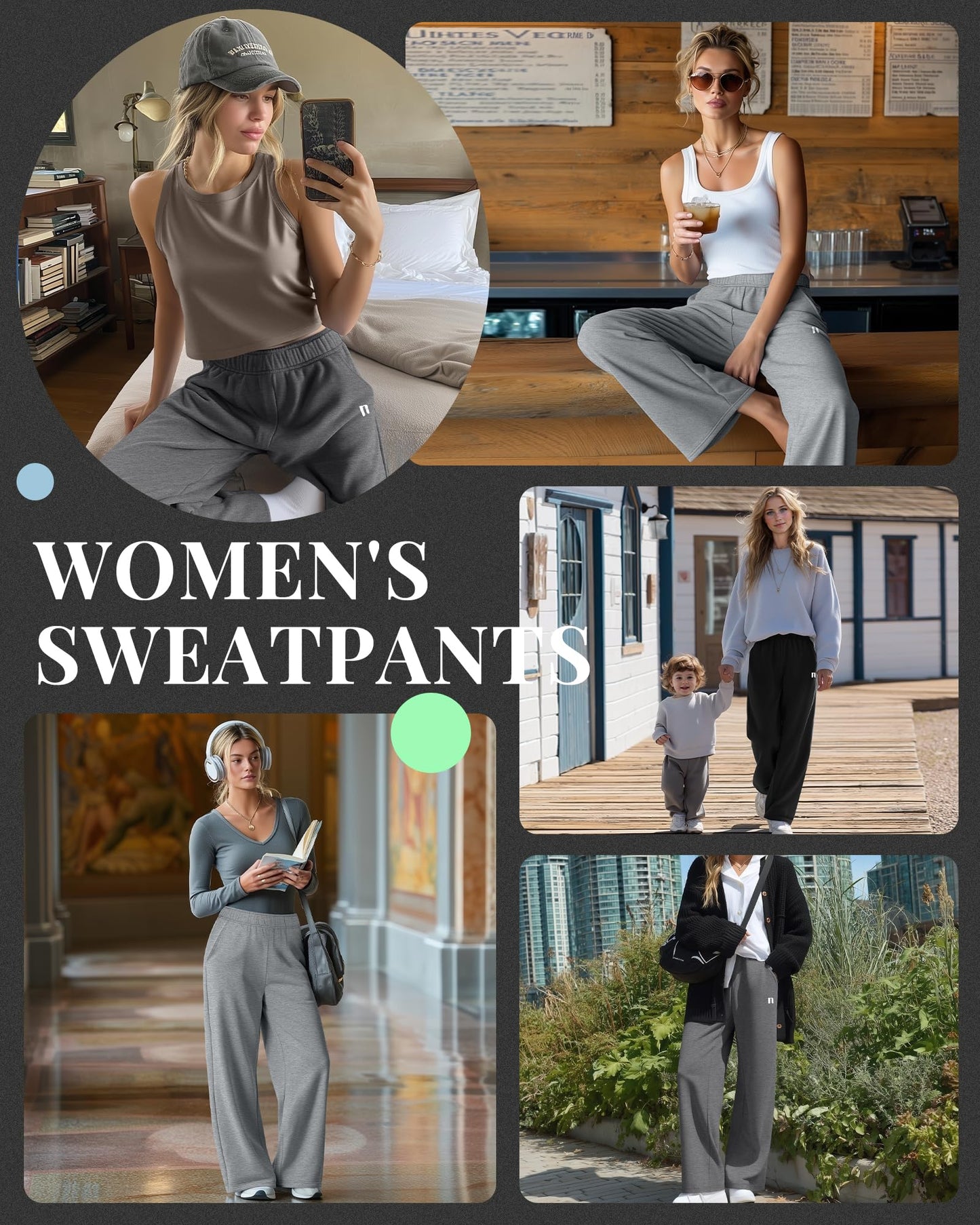 Neer 3 Pack Womens Wide Leg Sweatpants Lounge Athletic Joggers Elastic Waist Baggy Straight Leg Long Pants with Pockets(Black, Dark Mixed Gray, Light Mixed Gray,Medium)