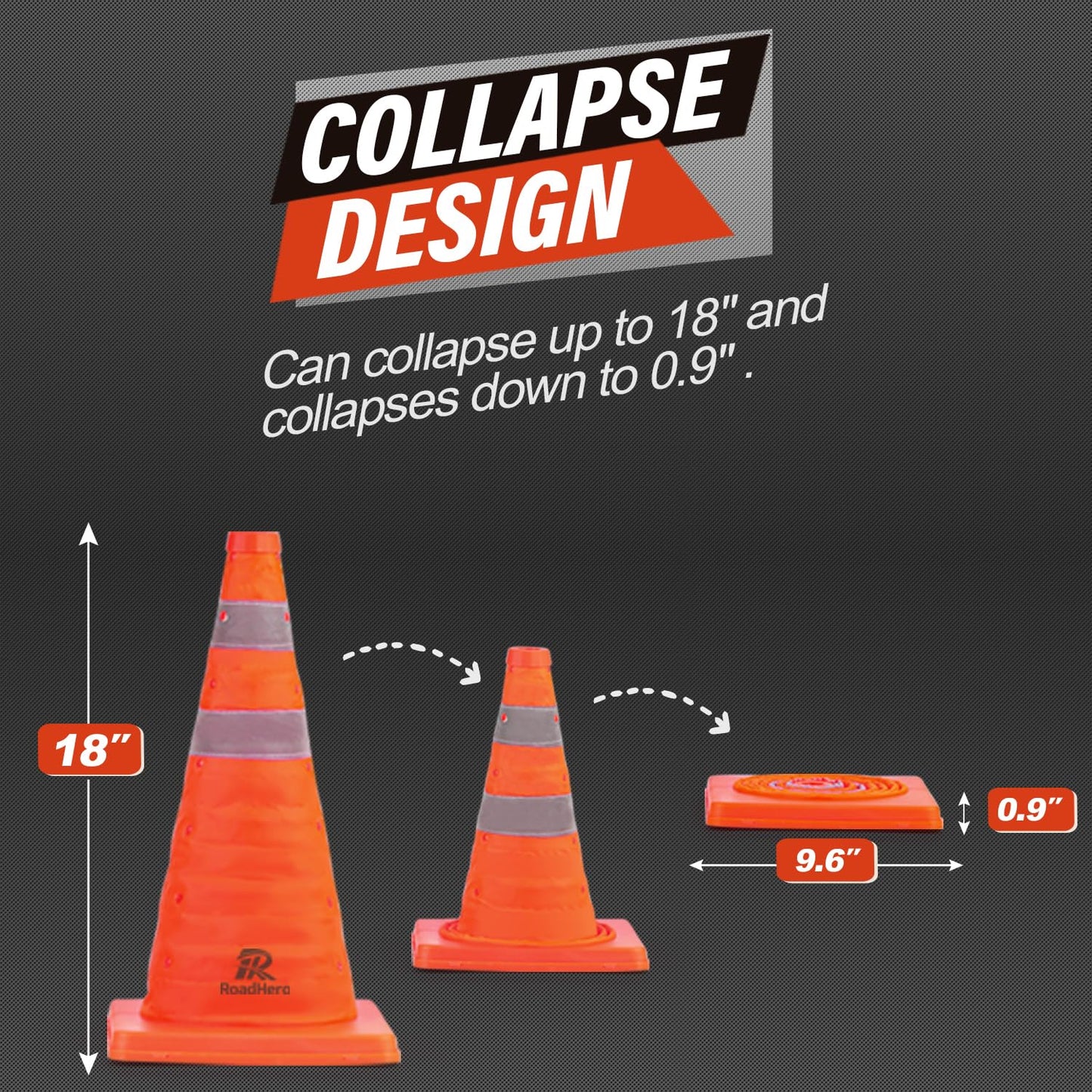 RoadHero Traffic Cones - 18 Inch Collapsible Orange Cones with Reflective Collar | 8 Pack for Road Safety & Sports