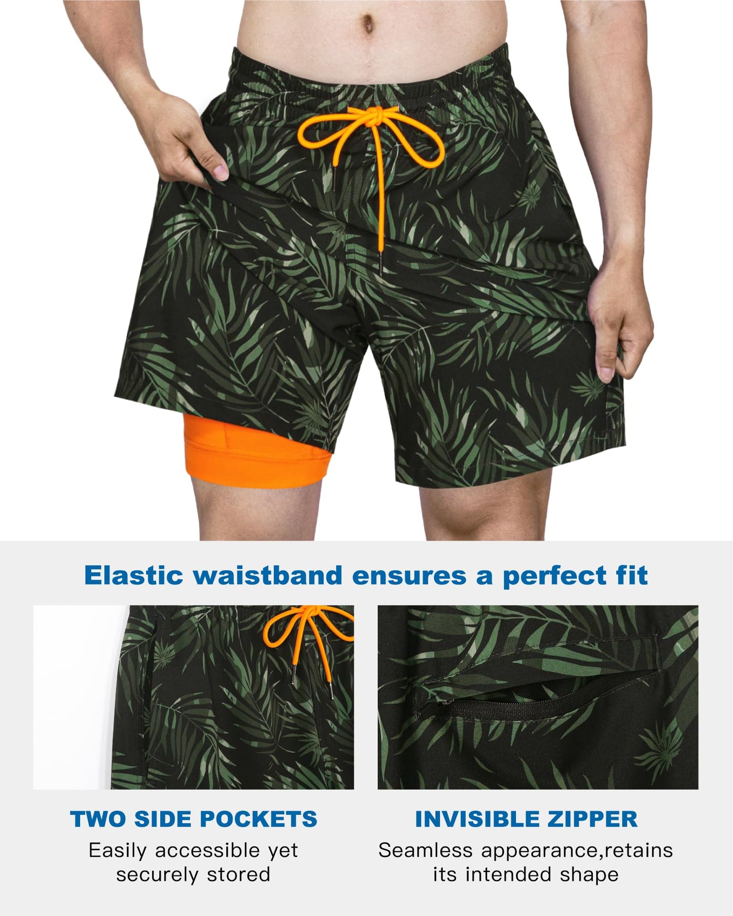 SURF CUZ Mens Swim Trunks with Compression Liner Quick Dry Swim Shorts 7" Swimming Trunks Stretch Bathing Suit Zipper Pockets,Forest Dusk,XS