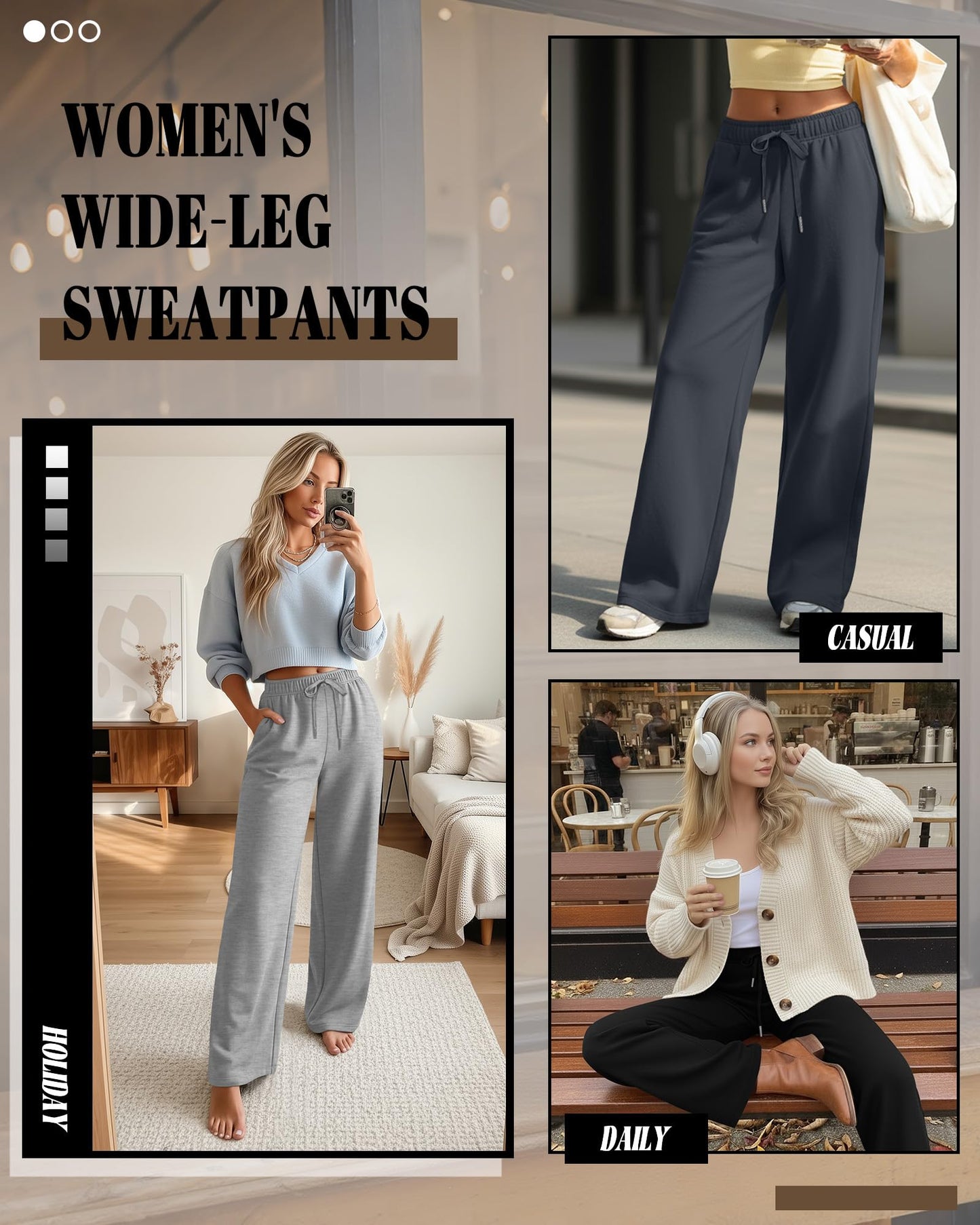 Riyiper 3 Pack Women Wide Leg Sweatpants Drawstring Straight Pants Elastic Waist Joggers Open Bottom Sweatpants with Pockets (Light Gray, Dark Gray, Black,S)